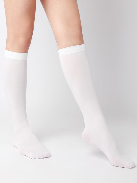 White    Polyamide Plain Over the Calf Socks Embellished   Women Socks & Hosiery Tela, Fashion, All Fashion, White Collar, Extra, Collar, Polyamide, Sleepwear Women, Over The Knee