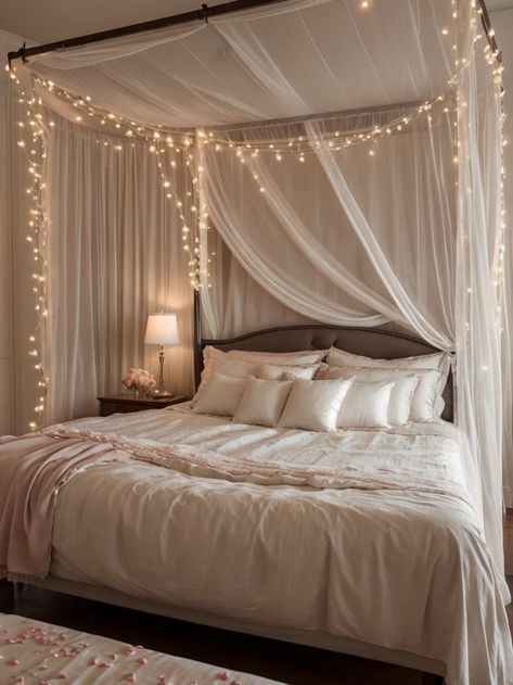 Bed Rooms Ideas For Couples, Romantic Bedding, Bedroom Inspirations For Couples, Bedroom Ideas Romantic, Bed Lights, Cozy Glam Bedroom, Couples Room Ideas Bedrooms, Bedroom Romantic, Bedroom Drapes