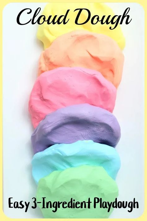 It takes just 3 simple ingredients (cornstarch, lotion or conditioner), and food colouring (optional) to make this simple, no-cook playdough that is a blast to play with. Kids have fun making the playdough, too! #clouddough #playdough #playdo #cornstarchplaydough #nocookplaydough #3ingredientplaydough #2ingredientplaydough #kidscooking #lotionplaydough Art, Summer, Crafts, Disney, Pre K, Flour Play Dough, Soft Play Dough Recipe, Simple Play Dough Recipe, Play Dough No Cook