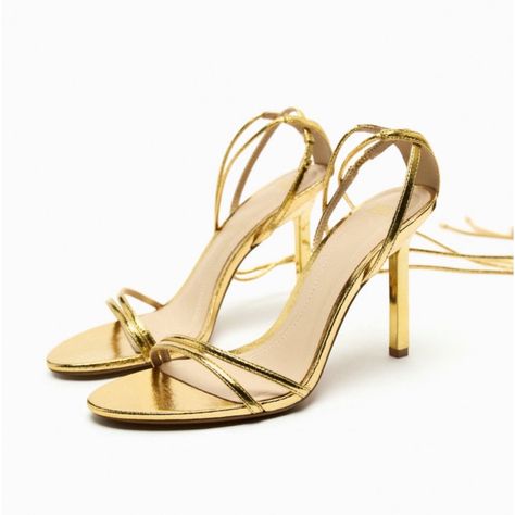 Sexy, 3.7 Inches Heel, Laced Up Heeled Sandals. Good For All Times Of Year!! Unique Heels, Rhinestone Heels, Lace Up, Gold Heels, Zara Gold, Zara Shoes, Zara Boots, High Heel Boots Knee, Gold Sandals