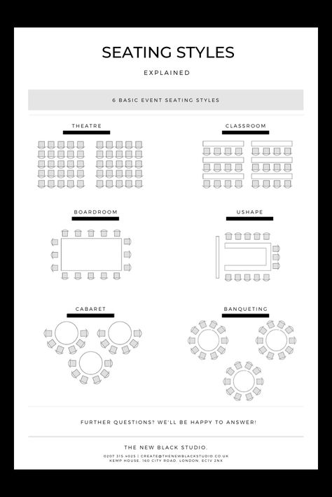 Theatre style, classroom, u-shape, boardroom, cabaret and banqueting are the most common style of seating at a corporate event. Architecture, Workshop, Commercial, Interior, Ideas, Event Hall, Event Space Decor, Event Room, Event Space