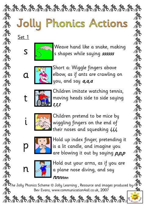 Set 1 s Weave hand like a snake, making s shapes while saying ssssss a Short a: Wiggle fingers above elbow, as if ants are crawling on you, and say a,a,a t Children imitate watching tennis, moving heads side to side saying t,t,t i... Pre K, Jolly Phonics Songs, Jolly Phonics, Jolly Phonics Activities, Jolly Phonics Order, Phonics Song, Phonics Sounds, Jolly Phonics Printable, Phonics Cards