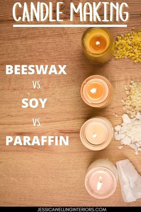 Candle Making: Beeswax vs. Soy vs. Paraffin 4 lit candles made of different types of wax Diy, Crafts, Natural Soy Wax Candles, Scented Soy Candles, Wax For Candle Making, Homemade Scented Candles, Soy Wax Candles, Soy Wax Candles Diy, Essential Oil Candles
