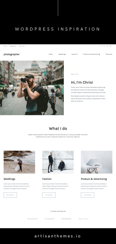 A modern about page from Photographer, a ready-made site based on Pepper+ WordPress theme for photography and creative businesses Web Design, Design, Photographer Website Design, Business Website Design, Portfolio Website Design, Website Design Inspiration, Photography Website Design, Photographer Website, Website Design