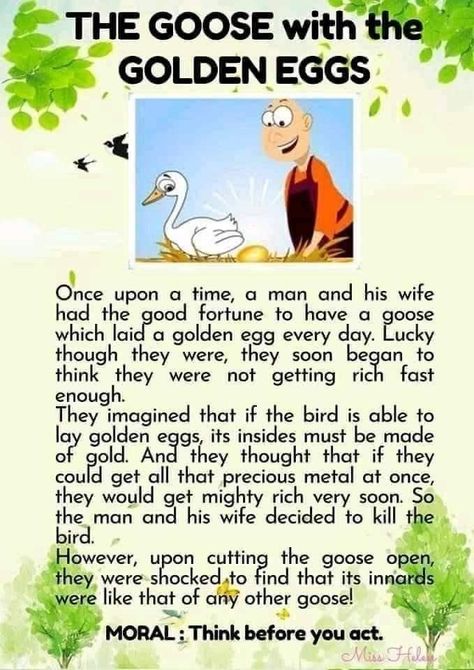 The goose with the golde eggs. Moral short stories for learning English. Moral: Think before you eat English, English Story, English Stories For Kids, English Story Books, English Reading, English Poems For Kids, English Moral Stories, English Short Stories, Small English Story