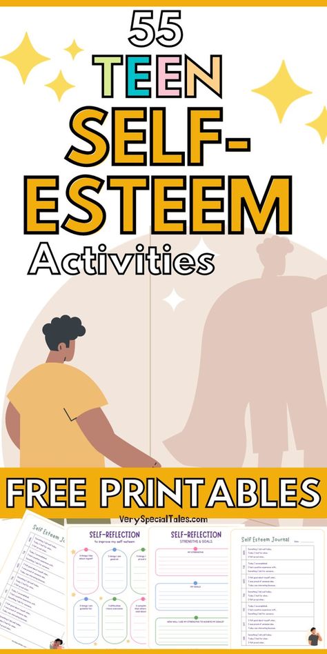 Illustration of a teenage boy looking at his shadow showing a superhero cape. Title: 55 Teen Self-Esteem Activities. Free Printables Self Esteem, Onderwijs, Confidence Activities, Teen Therapy, Confidence Building Activities, Self Esteem Worksheets, Social Emotional Learning, Activities For Teens, Group Activities For Teens