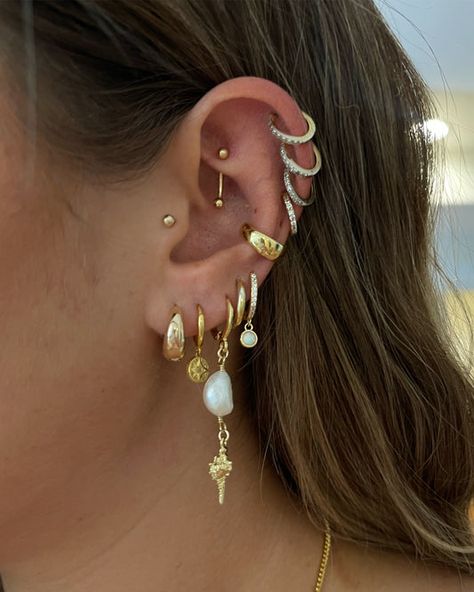 Gold Earrings Ear Designs, Lots Of Gold Earrings, Took Peircings, Earring Set Of 3, Unique Helix Earrings, Mixed Earring Stack, Conch Gold Hoop, Conch Hoop Earring, Mixed Jewelry Metals Ear