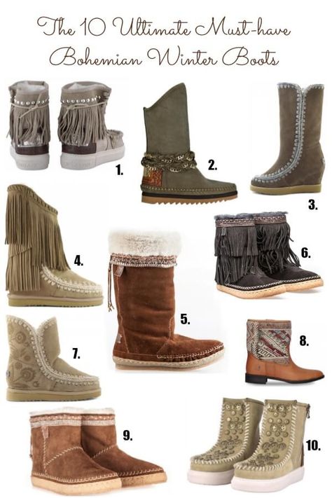 Bohemian winter boots to dream about! Check out these 10 ultimate must have boots you just need to have in your closet right now. Wardrobes, Boho, Winter, Boots, Winter Boots, Boho Chic Boots, Boho Style Boots, Boho Boots, Winter Shoes
