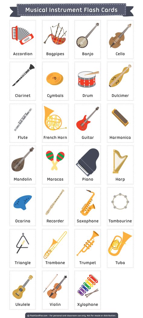 Free printable musical instrument flash cards. These are suitable for teaching reading, ESL, etc. Download them in PDF format at http://flashcardfox.com/download/musical-instrument-flash-cards/ Tambourine, Clarinet, Trombone, Musica, Muziek, Orff, Musique, Musik, Tuba