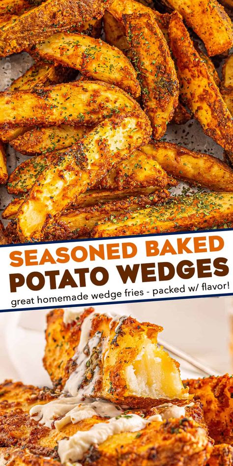 These Baked Potato Wedges are seasoned with zesty blend of spices and baked until gloriously crispy on the outside, and soft and fluffy inside! They're the perfect side dish! Desserts, Snacks, Healthy Recipes, Crispy Baked Potato Wedges, Crispy Potato Wedges, Crispy Potatoes, Crispy Baked Potatoes, Seasoned Fries, Oven Fried Potatoes Wedges