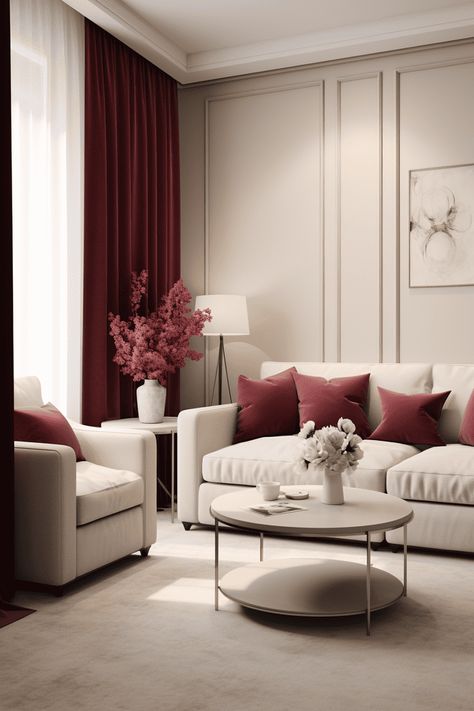 11 Great Colors That Go Well With Burgundy Burgundy And Cream Interior, Burgundy Accent Living Room, Maroon Accent Living Room, Red Couches Living Room Decor Ideas, Burgundy Beige Living Room, Burgundy Accents Living Room, Colors Combinations Home, Sofa And Curtains Color Schemes, Back Wall Living Room Ideas