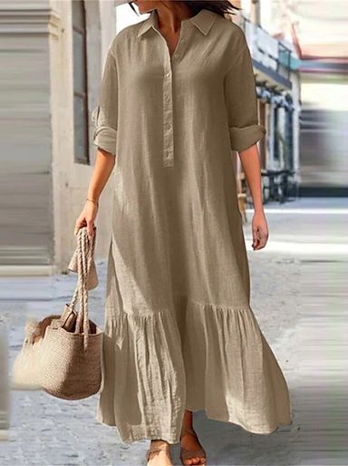 Women's Casual Dress Cotton Linen Dress Cotton Dress Maxi long Dress Cotton Daily Stylish Outdoor Daily Vacation Square Neck Ruched Long Sleeve Spring Fall Winter 2023 Regular Fit Black Yellow Pink 2023 - £ 32 Casual, Muslim, Giyim, Robe, Elegant, Women, Model, Outfit, Vestidos