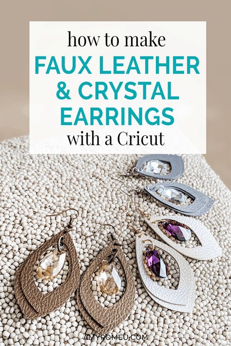 How to make faux leather earrings with crystal charms using your Cricut! Free SVG file available on my website at amyromeu.com. #cricutearrings #cricutcrafts #cricutjewelry Diy Earrings, Diy, Diy Leather Earrings, How To Make Leather, How To Make Earrings, Diy Leather Projects, Faux Leather Earrings Cricut Svg Free, Leather Jewelry Making, Faux Earrings Svg Free