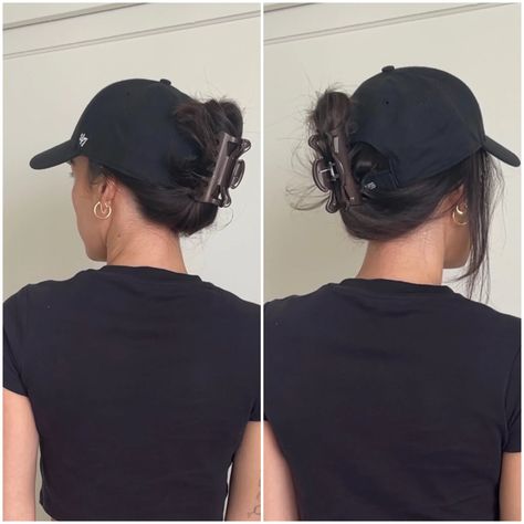 Baseball Cap Hairstyles, Cute Hairstyles With Hats Baseball Caps, Claw Clip, Baseball Hat Hair, Baseball Cap Hair, Cute Hat Hairstyles, Ponytail With Hat, Hat Hairstyles, Hat Hair