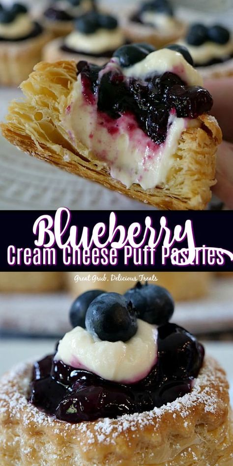 Blueberry Cream Cheese Puff Pastries are a delicious cream cheese blueberry dessert recipe baked in puff pastry shells. #blueberries #dessertfoodrecipes #yummy #puffpastries #greatgrubdelicioustreats Desserts, Snacks, Dessert, Cream Cheese Puff Pastry, Cream Cheese Pastry, Cream Cheese Puffs, Puff Pastry Desserts, Puff Pastry Recipes, Puff Pastry Recipes Dessert
