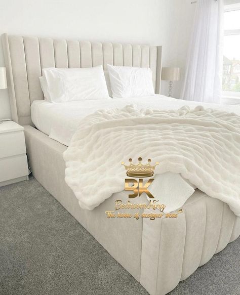 Bed Frame With Headboard, Bed With Headboard, Bed Headboard Design, Upholstered Bed Frame, Cream Bed Frame, Tall Bed Frame, Double Bed Designs, Bed With No Headboard, Grey Bed Frame