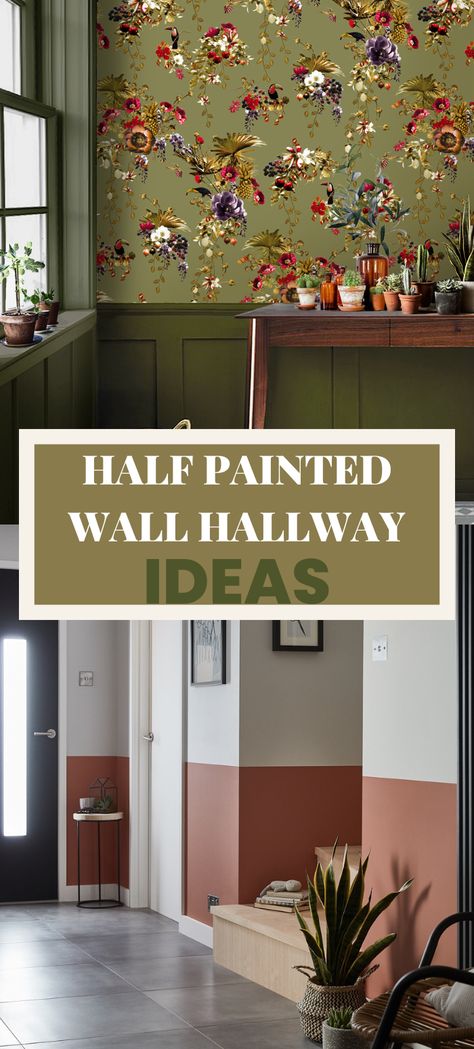 half painted wall hallway ideas, a green lower half of wall with wallpaper on the upper, and a terracotta and white half painted wall hallway. Painting A Hallway Ideas, Split Wall Paint Hallway, Two Coloured Walls Paint, Half Wall Texture Ideas, Hallway Split Colour, Statement Wall Hallway, Half Painted Wall With Wood Trim, Paint Bottom Half Of Wall Hallway, Split Colour Hallway