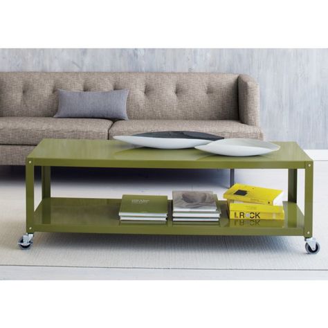 CB2 go-cart two-shelf table-media cart. Industrial steel in glossy moss green or carbon grey. 60"wx18"Dx20"H. Green is currently on sale at CB2 for $99 (as of 27 May). Just ordered mine. Will either use as side shelf to hold plants  underneath windows or to hold TV. Tv Stand And Coffee Table, Coffee Table With Wheels, Coffee Table With Storage, Cb2 Coffee Table, Narrow Coffee Table, Modern Side Table, Furniture Delivery, Modern Bookcase, Table