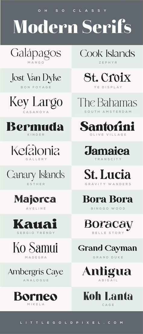 40 Modern Serif Fonts to Elevate Your Designs • Little Gold Pixel • In which I round up 40 modern serif fonts that make luxury and elegance accessible. For retro and sophisticated designs alike. Fonts, Design, Logos, Bold Serif Fonts, Font Styles, Modern Serif Fonts, Modern Fonts Free, Font Examples, Popular Fonts