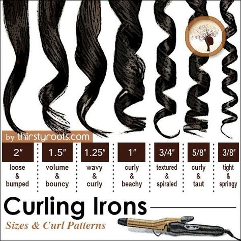 Curling Iron Curl Sizes. Perfect for learning how to achieve your dream curls. Hair Styles, Curls, Curling, Curling Iron Size, Curling Iron, How To Curl Your Hair, Hair Hacks, Perfect Curls, Curled Hairstyles