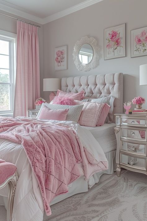15 Pink and Grey Bedroom Decor Tips | Green Snooze Pink Dorm Room Decor, Pink Bedroom Furniture, Pink Bedroom Decor, Pink Bedding, Pink Bedroom Design, Pink Room Decor, Pink Bedrooms, Light Pink Bedrooms, Pink And Grey Room