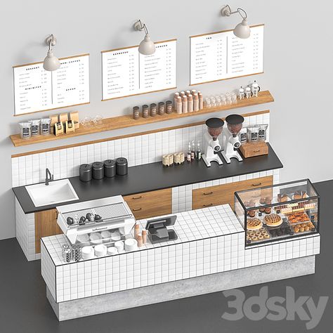 Coffeeshop - Restaurant - 3D model Bakery Shop Design, Cafe Shop Design, Restaurant Counter Design, Restaurant Counter, Coffee Shop Counter, Cafe Counter, Coffee Shop Design, Bakery Design Interior, Cafe Bar Design