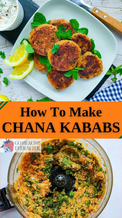 Chickpea patties with lemon slices on an off-white plate and blended chickpea spice mixture in a food processor jar. Protein, Ideas, Indian Chickpea, Peas Recipe Indian, Healthy Indian Recipes, Chana Recipe, Veg Kabab Recipe, Chickpea Patties, Indian Snack Recipes