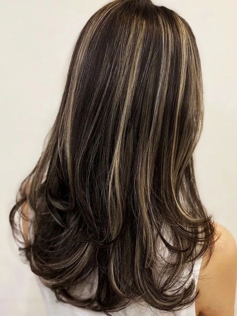 Black Hair With Highlights: 20+ Trendiest Looks and Ideas Blonde Highlights, Brown Highlights On Black Hair, Black And Blonde Highlights, Brown Highlights Black Hair, Black With Blonde Highlights, Lowlights For Black Hair, Black Highlighted Hair, Highlights On Black Hair, Black Hair Blonde Streak
