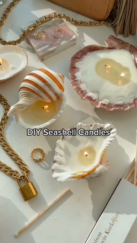 Diy Projects, Home-made Candles, Candles, Seashell Crafts, Diy Artwork, Diy, Diy Crafts, Seashell Candles Diy, Seashell Candles