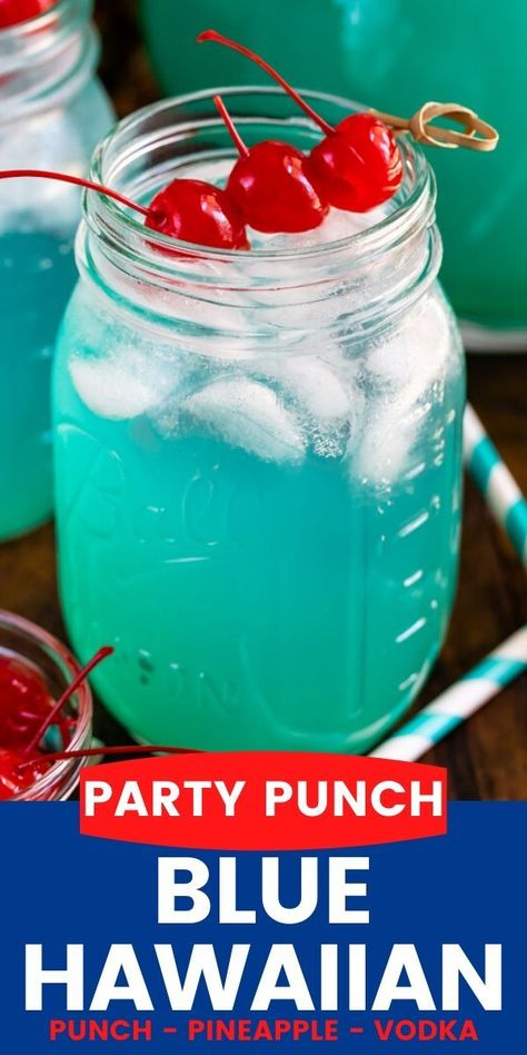 Blue Hawaiian Party Punch is everyone's favorite cocktail! This easy drink has 3 ingredients - Vodka, Pineapple, and Hawaiian Punch - and it's the perfect drink to serve for the 4th of July! Wines, Punch, Vodka, Blue Hawaiian Punch, Hawaiian Punch, Blue Hawaiian Drink, Hawaiian Drinks, Blue Alcoholic Punch, Pineapple Vodka