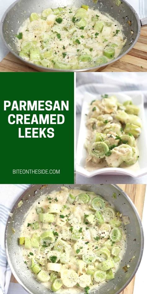 If you have some seasonal leeks to use up, then this simple parmesan creamed leeks recipe is one tasty way to do it! Easy and quick to make in a skillet on the stovetop, they are seasoned with garlic and nutmeg and served in a rich and creamy sauce. Vegetable Recipes, Side Dishes, Pasta, Healthy Recipes, Creamed Leeks, Leek Recipes Side Dishes, Leek Recipes, Creamy Sauce, Side Dish Recipes