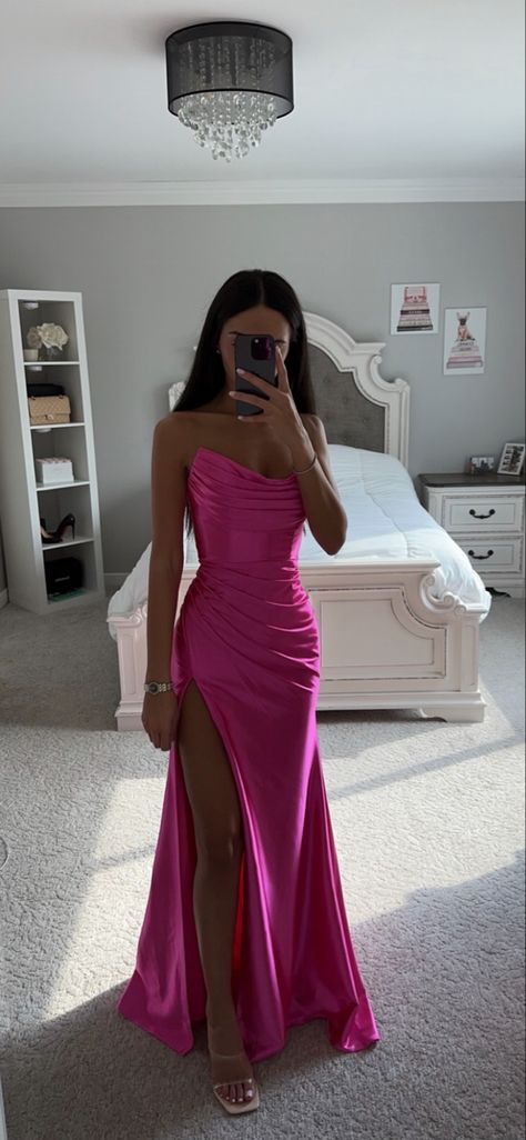 Tops, Outfits, Magenta Prom Dress, Hot Pink Satin Dress, Pink Prom Dress, Pink Prom Dresses, Prom Dress Inspiration, Prom Dresses Long, Hot Pink Prom Dress