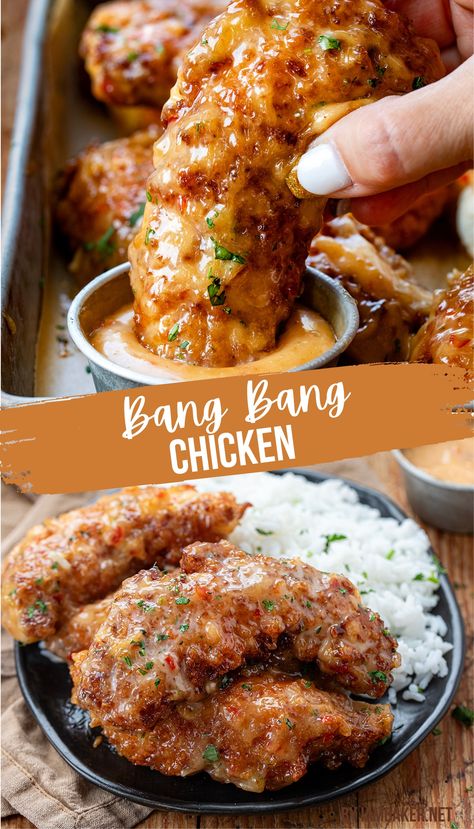 A chicken tender is being dipped into bang bang sauce, and a black plate is loaded with white rice and bang bang chicken. Chicken Recipes, Paleo, Slow Cooker, Bang Bang Chicken, Bang Bang, Chicken Dishes, Chicken Dinner, Chicken Dishes Recipes, Chicken Dinner Recipes