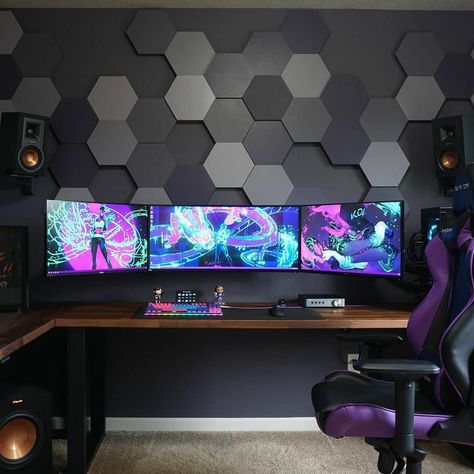 Carousel by @havokharakiri⁣ ⁣ Hey gamers! Been getting a lot of questions regarding the hexagon acoustic panels behind my setup. My wife and I made these ourselves. Hexagons were cut out of wood, painted, then mounted onto a backboard. This was done in two pieces. Then placed RGB strips behind the whole thing. It was a fun project and I was happy with how it all turned out! 😋⁣ ⁣ Follow @rgbtherapy for more⁣ Follow @rgbtherapy for more⁣ ⁣ #pcsetup #pcgaming #pcgamer #gamingsetups #gamingpc #gami Gaming Room Decor, Gaming Desk, Gaming Bedroom, Gaming Room Setup, Gamer Room Decor, Gamer Room, Gamer Room Design, Computer Gaming Room, Gamer Bedroom
