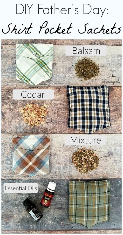 Want to make a DIY Father's Day gift this year but don't know where to start? Head to your local thrift store and grab some men's button down shirts and repurpose / upcycle the pockets into Shirt Pocket Sachets for him! Fill each sachet with masculine scents, like cedar and balsam pine- perfect for his dresser drawers. Get the craft project tutorial at Sadie Seasongoods / www.sadieseasongoods.com Diy, Bath, Upcycling, Upcycled Crafts, Scented Sachets, Repurposed Clothing, Diy Scent, Thrift Store Crafts, Drawer Sachets
