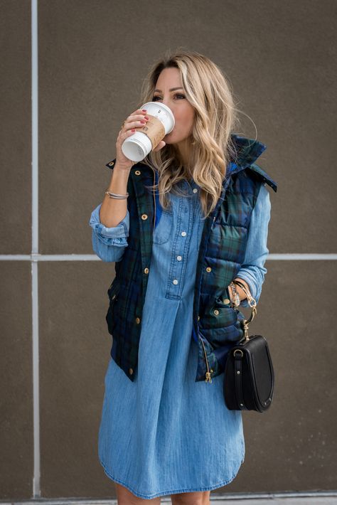 Denim dress and plaid puffer vest Outfits, Casual, Denim Dress Fall Outfit, Denim Shirt Dress Outfit, Denim Dress Outfit Fall, Denim Dress Fall, Fall Dress Outfit, Casual Denim Dress, Denim Dress Outfit Winter