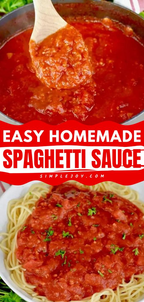 This Italian spaghetti sauce from scratch is the BEST! This condiment recipe is so quick and easy. In just 25 minutes, you can have a meatless homemade sauce that's full of flavor. Pin this for later! Easy Meatless Spaghetti Sauce, How To Make Spaghetti Sauce From Canned Tomatoes, Spaghetti Sauce Quick, Easy Home Made Spaghetti Sauce Recipes, Best Easy Spaghetti Sauce, Homemade Spaghetti Sauce Crushed Tomato, Spaghetti Sauce Sweet, Spaghetti Sauce Meatless, Recipe Spaghetti Sauce
