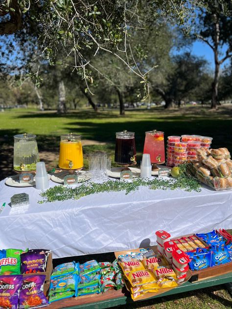 Desserts, Diy Party Snacks, Snack Tables, Kids Party Snacks, Camping Birthday Party, Birthday Party At Park, Snack Display, Outdoor Snacks, Party