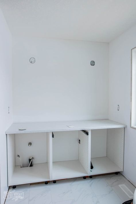 Hacking Ikea Kitchen Cabinets for a Bathroom Vanity | 2019 Spring ORC Week 2 | The DIY Mommy Ikea, Ideas, Ikea Kitchens, Diy, Ikea Sink Cabinet, Ikea Kitchen Cabinets, Ikea Bathroom Vanity, Ikea Kitchen Drawers, Kitchen Vanity