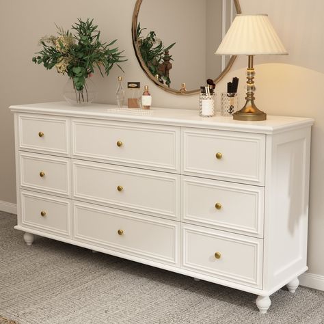 This 9/12-drawer dresser features round legs and clean lines for a chic look in your bedroom. The frame is made from solid and engineered wood with a crisp white finish. Home Décor, 9 Drawer Dresser, 12 Drawer Dresser, Dresser Drawers, Dresser Decor Bedroom, Dresser Decor, Wood Dresser, Bedroom Dressers, White Dresser Bedroom