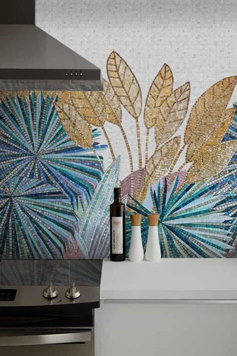 Decorative handcrafted mosaic tile backsplash art featuring copper and green lef patterns Mosaic Backsplash, Tile Murals, Mosaic Tile Patterns, Glass Mosaic Tile Backsplash, Tile Wall Art, Mosaic Tile Art, Mosaic Tiles, Unique Tile Backsplash, Mosaic Wall Art