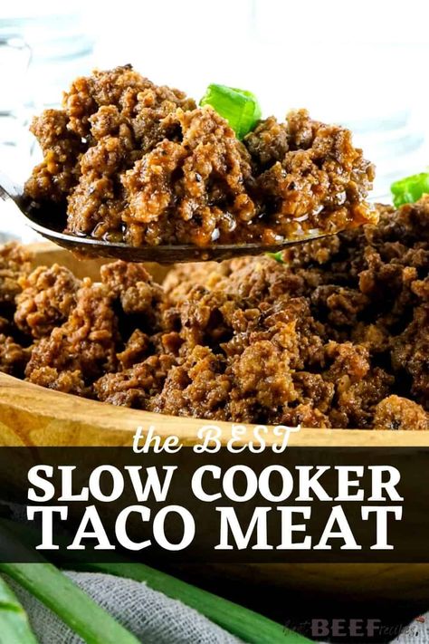 My recipe for Crockpot Taco Meat is the best taco meat you will ever make at home! It's easy, needing only 5 minutes of prep and simple ingredients that make up the best taco meat seasoning recipe. Set it, leave it to enjoy the rest of your day, then come back to the perfect meat for taco dinner! via @bestbeefrecipes Cooking Taco Meat In Crockpot, Slow Cooker Taco Meat Beef, Taco Meat Slow Cooker Ground Beef, Ground Beef Tacos Crockpot, Taco Ground Beef Crockpot, Crock Pot Tacos Beef Ground, Taco Crockpot Recipes Beef, Crockpot Tacos Beef Ground, Cooking Ground Beef In Crockpot