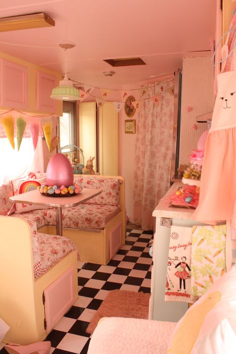 The Pink Lady – Doris Day Would Love Me Shabby Chic Campers, Caravan Interior Makeover, Purple Door, Caravan Interior, Trailer Home, Wood Laminate Flooring, Pink Houses, Remodeled Campers, Diy Remodel