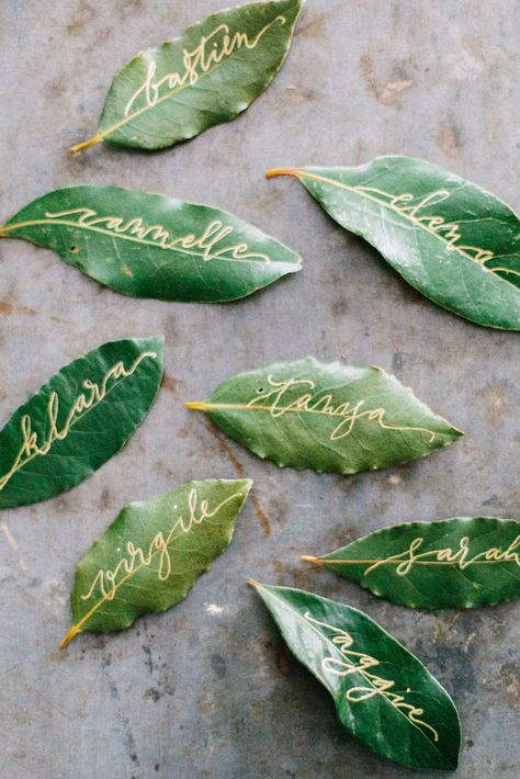 French Riviera Secret Garden Dinner Party. Fresh bay leaves as place cards. Letters, Stampin' Up! Cards, Wedding, Place Cards, Calligraphy, Stampin Up Cards, Secret Garden Wedding, Garden Party Wedding, Garden Wedding
