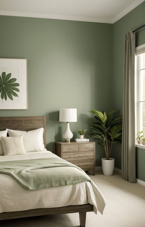 تصميم داخلي, Green And White Bedroom, Sage Bedroom, Bedroom Colors, Bedroom Color Combination, Green Bedroom Walls, Sage Green Bedroom, 인테리어 디자인, Green Bedroom Decor