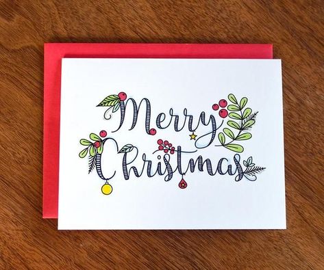 Diy, Crafts, Doodles, Merry Christmas Card Design, Merry Christmas Card Diy, Merry Christmas Calligraphy, Christmas Cards Drawing, Hand Lettered Christmas Cards, Merry Christmas Card