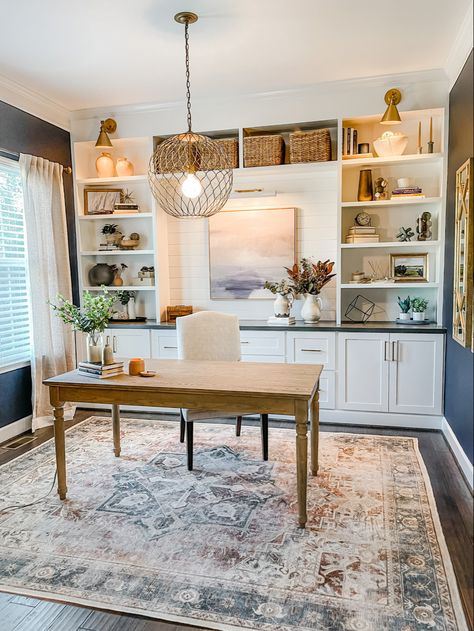 Neutral Office Built Ins, Built In Wall Office, Home Office With White Built Ins, Home Office With Bookcases, Women’s Office At Home, Office Room Cabinets, Home Office Design Built Ins, Big Home Office Ideas, Home Office Built In Shelves