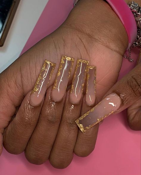 Gold Flakes Nails Coffin, Long Square Acrylic Nails, Square Acrylic Nails, Brown Acrylic Nails, Pink Acrylic Nails, Best Acrylic Nails, Coffin Nails Designs, Long Acrylic Nails, Gold Acrylic Nails