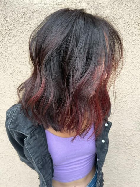 Balayage, Brown Hair Red Streaks, Brown Hair Red Highlights, Black Hair With Red, Dark Hair With Red, Black To Red Hair, Red Tinted Black Hair, Dark Red Highlights In Brown Hair, Black Hair Red Highlights