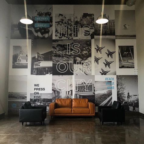This is our city | Interior design inspiration from @citychurchtc #prochurchmedia Design, Interior Design, Sofas, Church Interior Design, Church Office, Lobby Ideas, Church Interior, Church Lobby Design, Lobby Design